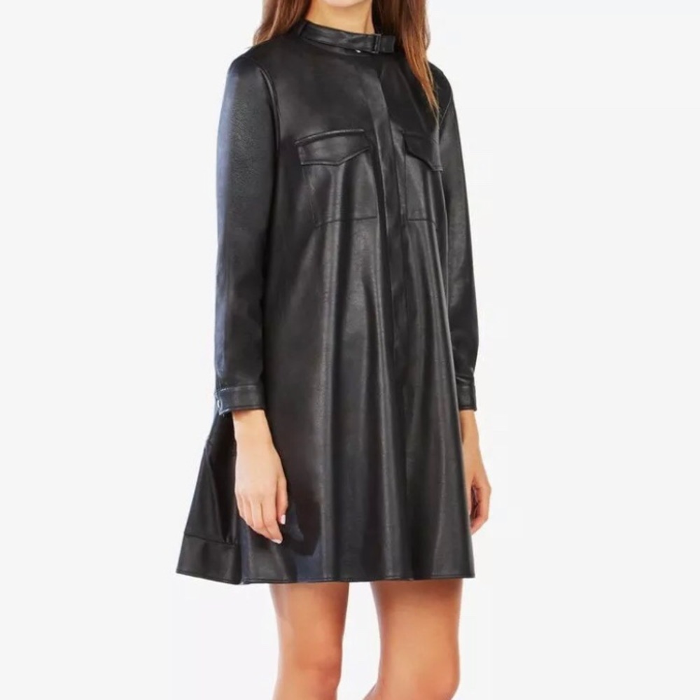 Oversized leather shirt dress with side pockets.